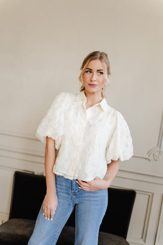 Glittering Floral Puff Sleeves Blouse