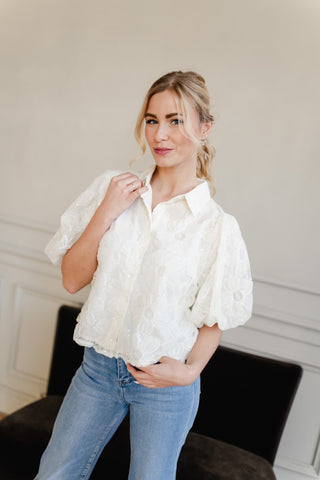 Glittering Floral Puff Sleeves Blouse
