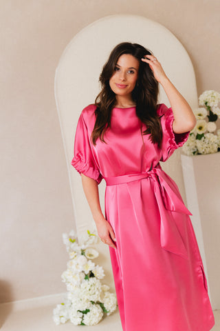 Satin Fiori Dress Fuchsia