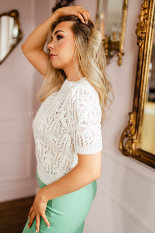 Crochet Tee with Sequined Sleeves