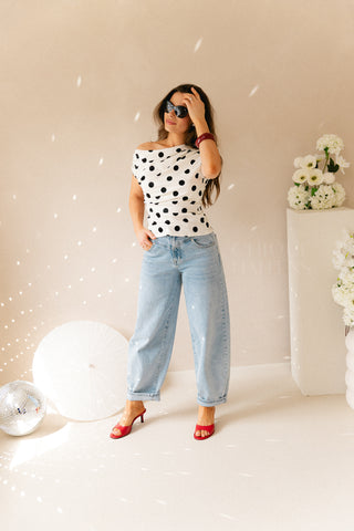 Off Shoulder Polkadot Top White