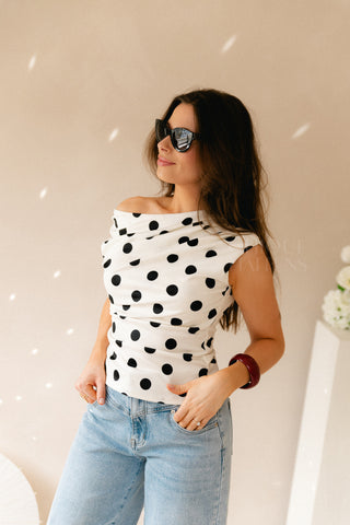Off Shoulder Polkadot Top White