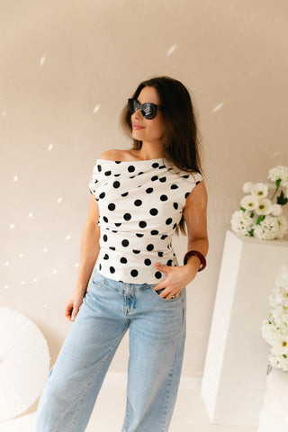 Off Shoulder Polkadot Top White