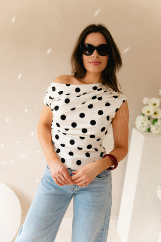 Off Shoulder Polkadot Top White