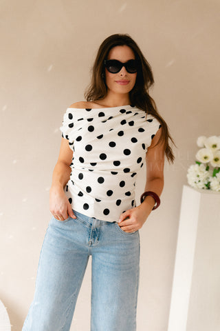 Off Shoulder Polkadot Top White