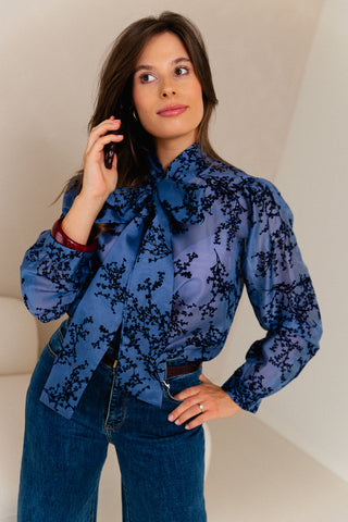 Velours Bow Blouse Blue