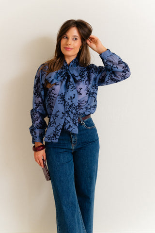 Velours Bow Blouse Blue