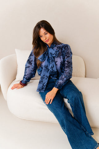 Velours Bow Blouse Blue